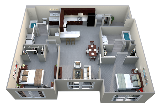 Floor plan for 2 beds, 2 baths, 940 sqft